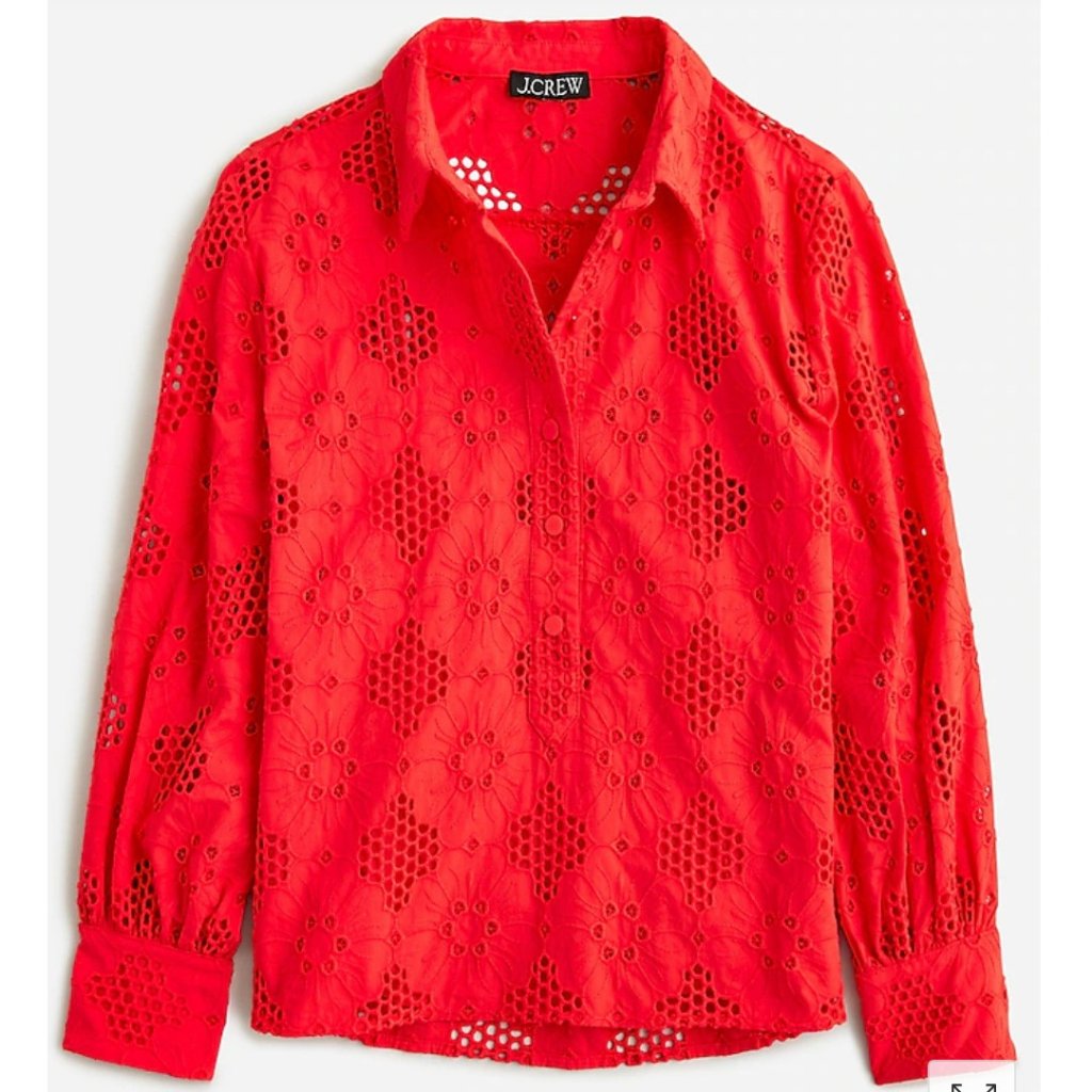 J.Crew $198 Long Sleeve Popover Top In Eyelet Belvedere Red Size M Br647